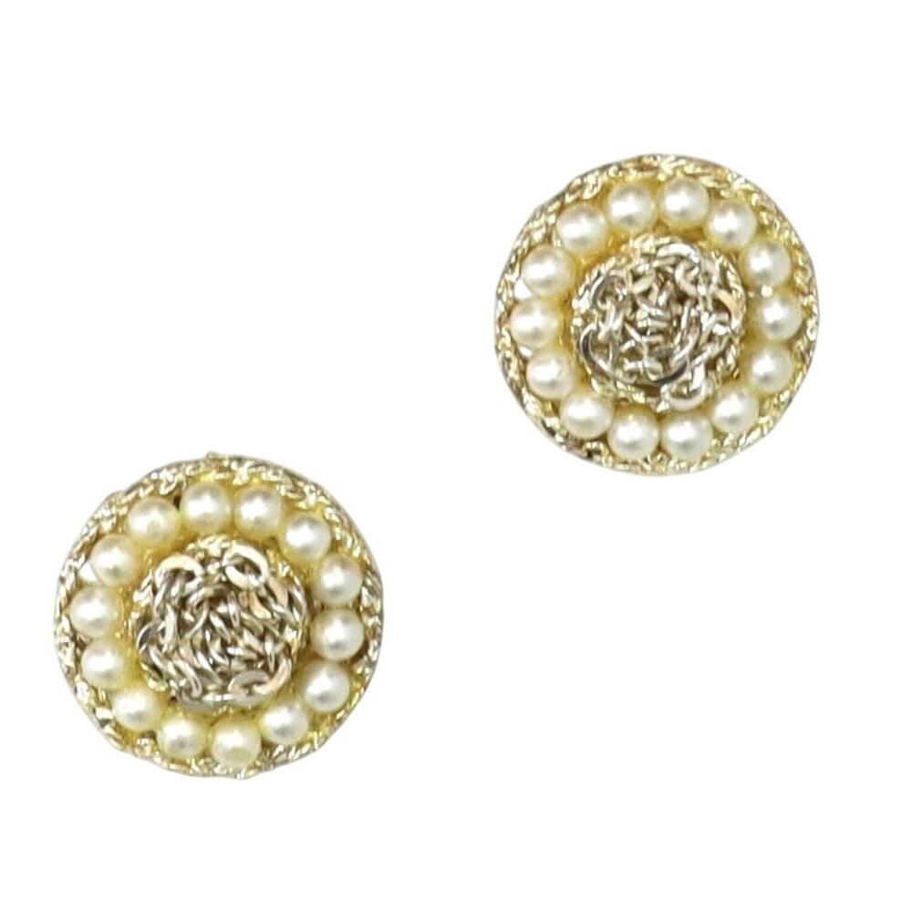 Vintage 60s Faux Pearl Love Knot Gold Tone Clip On Earrings